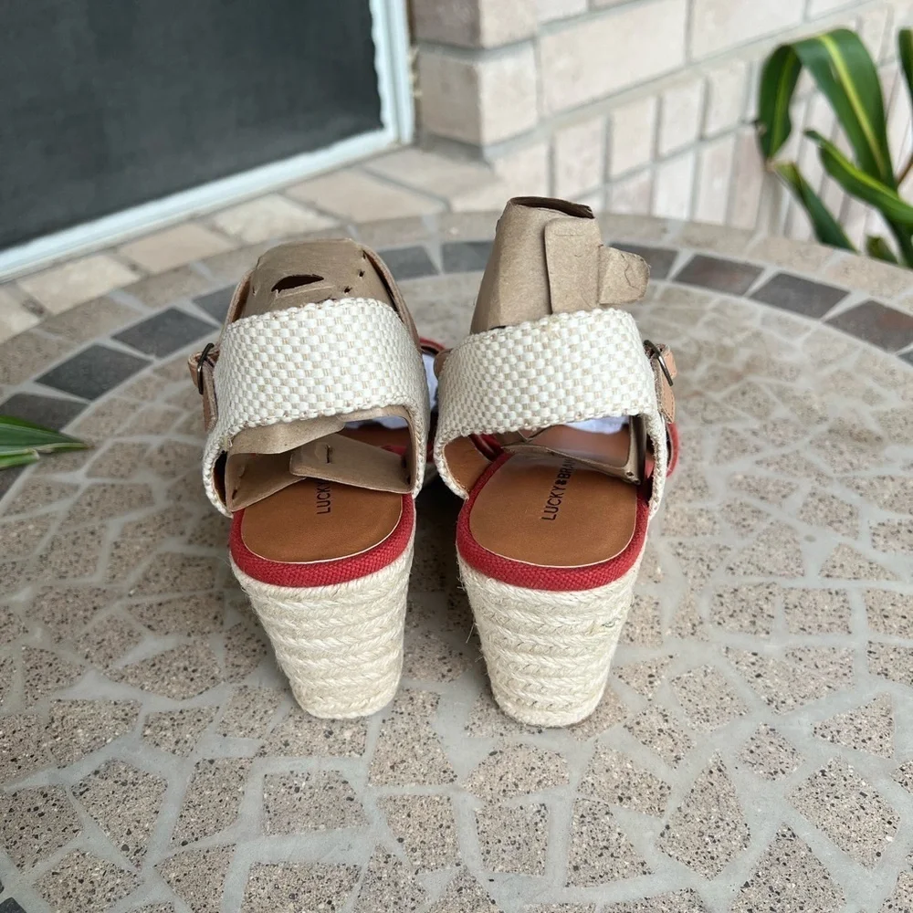 NIB Lucky Brand Women's Maeylee Espadrille Wedge Sandals Rancho Red Canvas 9.5